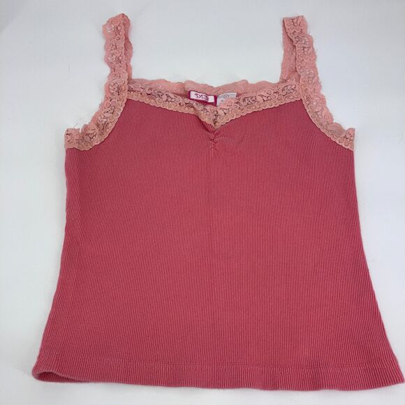 Y2k Deb Two Toned Pink Contrast Lace Ribbed Tank Top sz L, short, Coquette - Picture 1 of 7